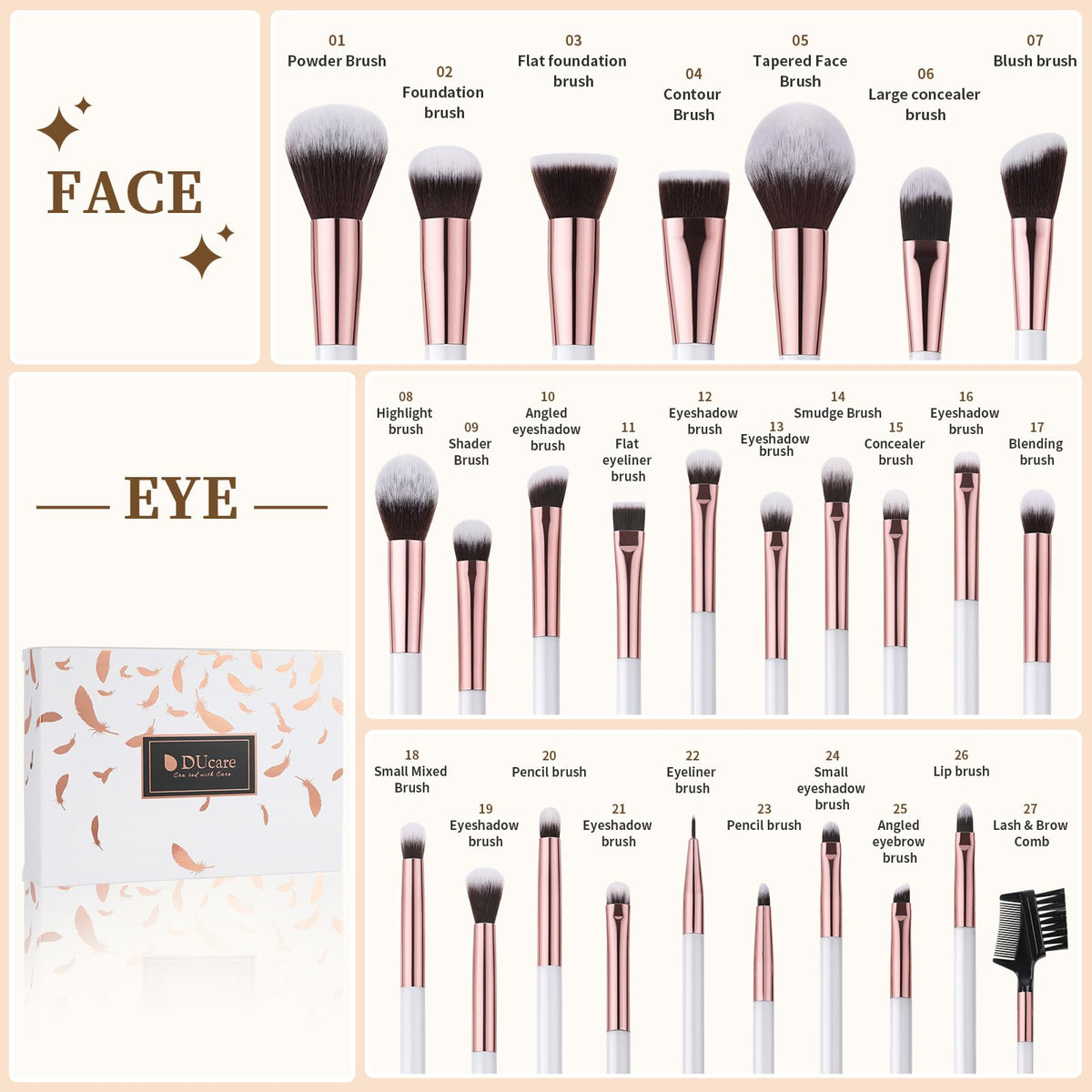 DUcare makeup brushes with birch wooden handles