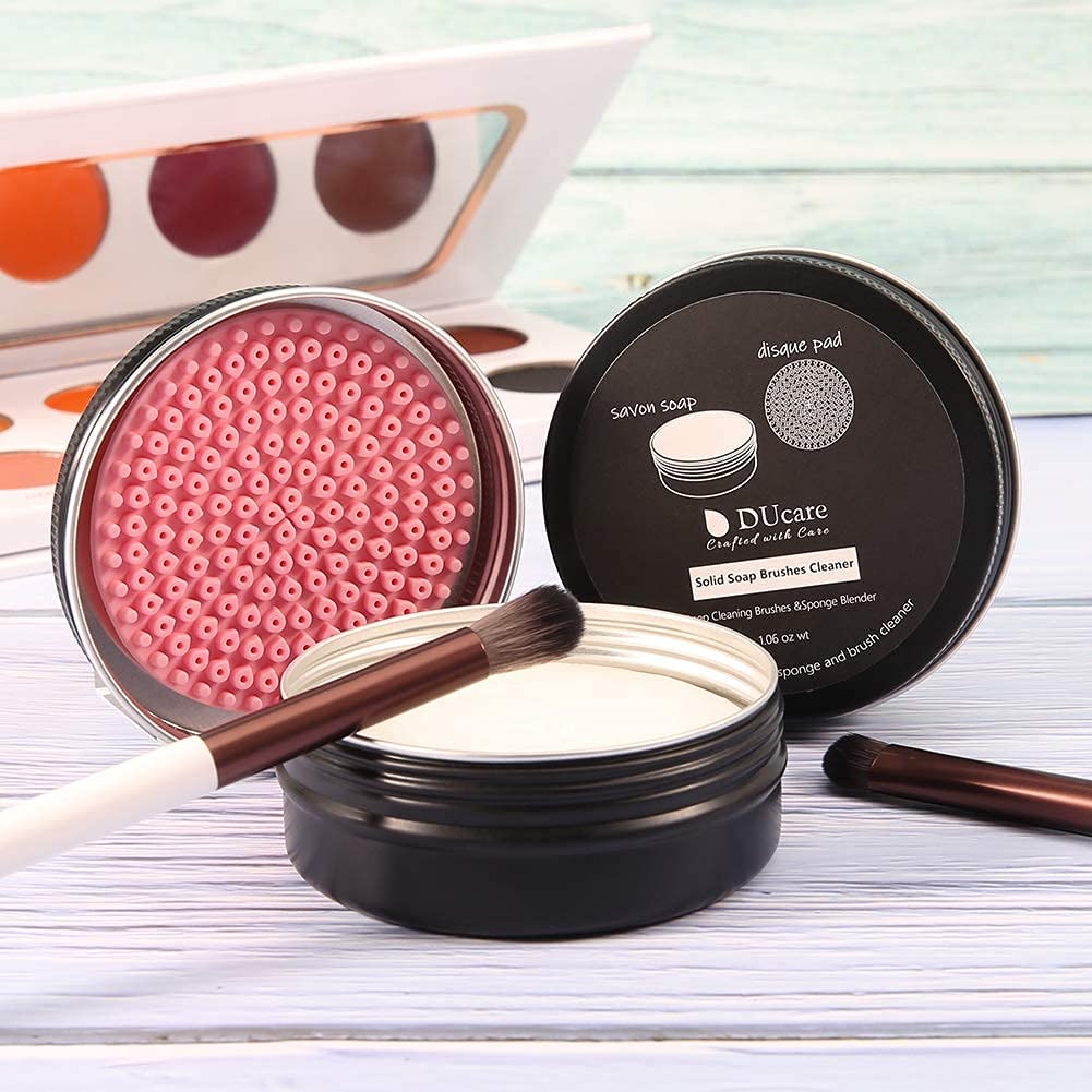 DUcare Solid Brush Cleaner in use with makeup brush