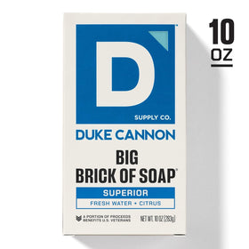 Duke Cannon bar soap next to grooming products