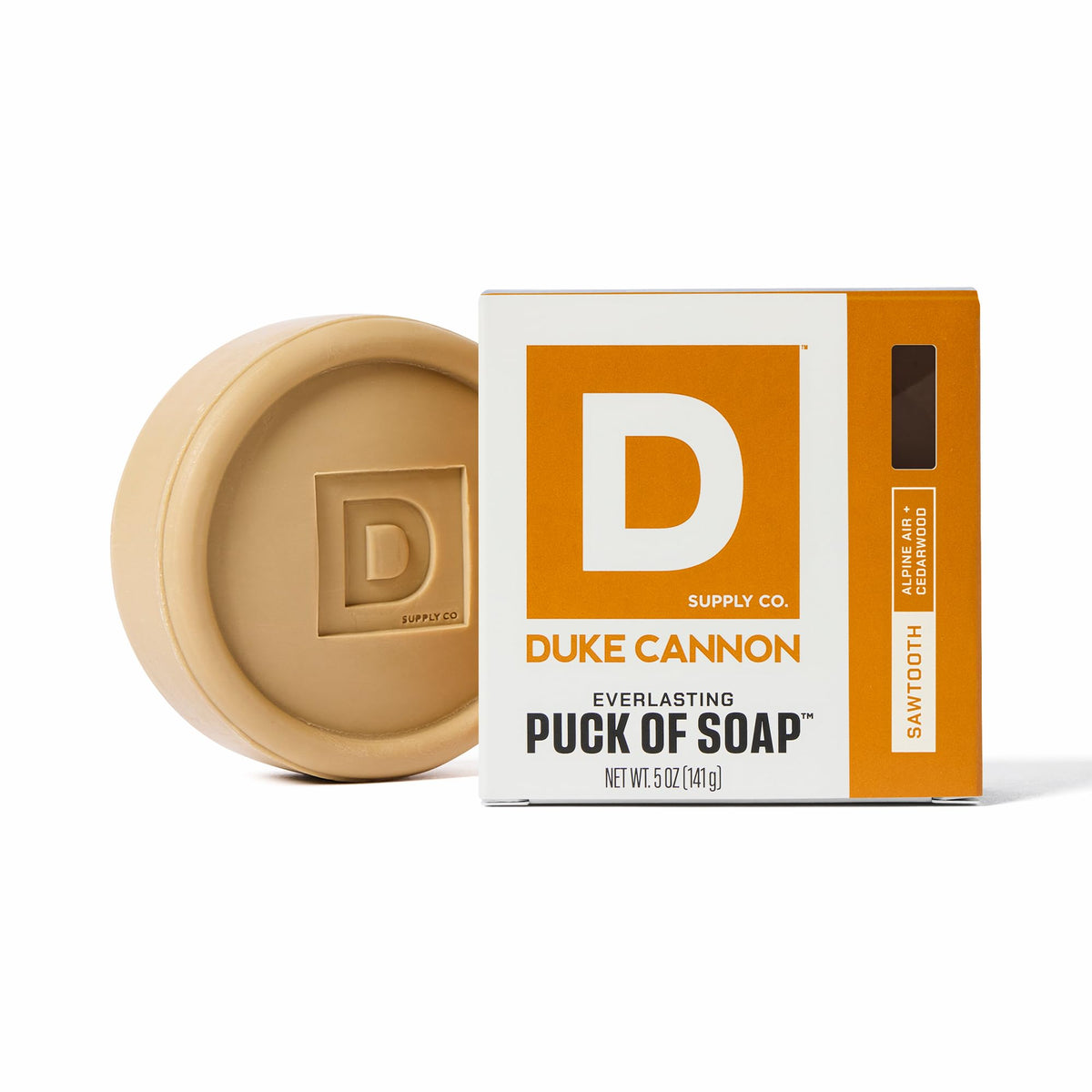 Duke Cannon Bar Soap Puck front view with rugged design