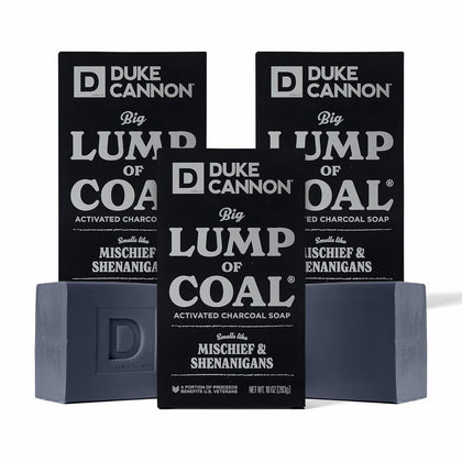 Duke Cannon Big Lump of Coal Soap Bar front view with festive packaging