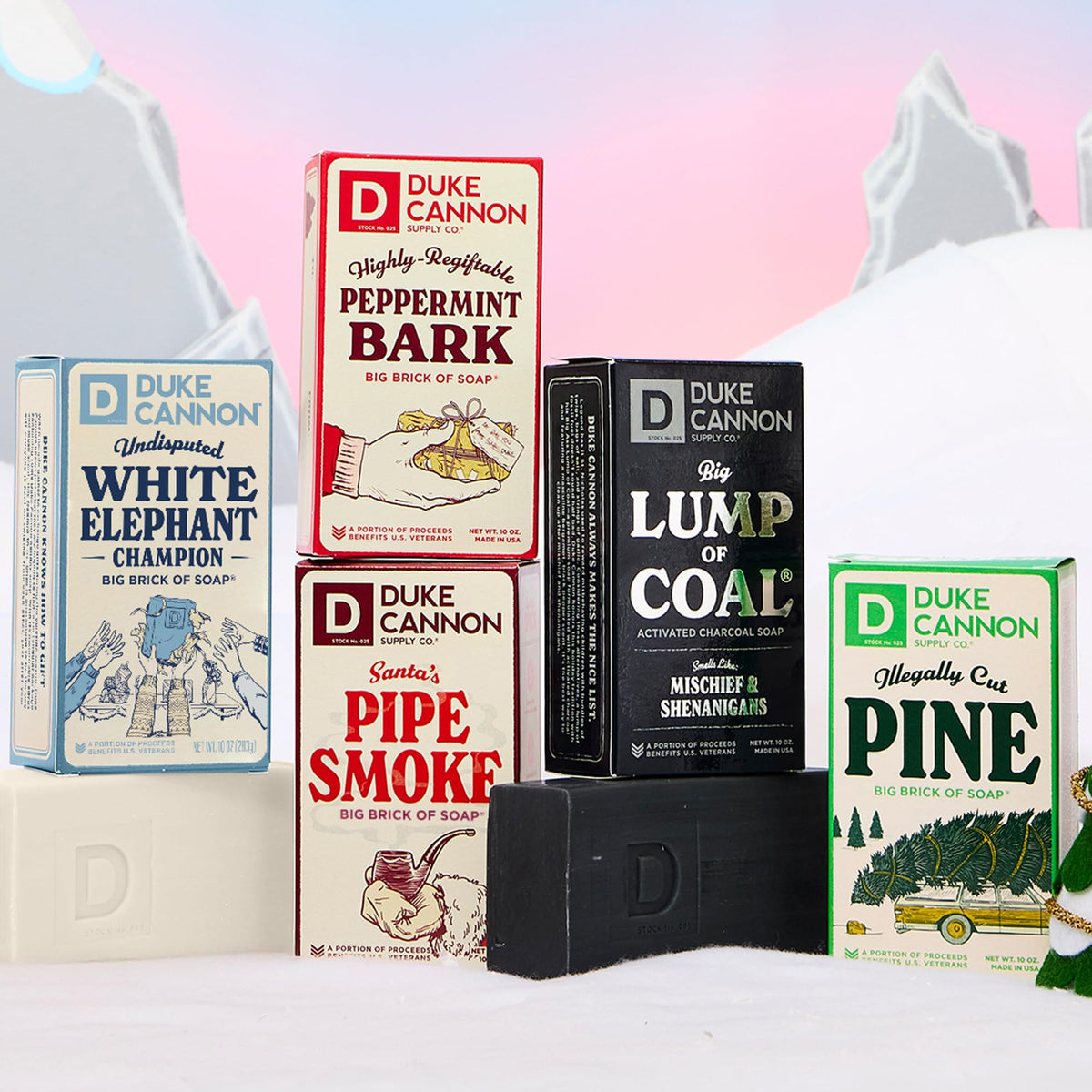 Duke Cannon Big Lump of Coal Soap Bar with holiday decorations