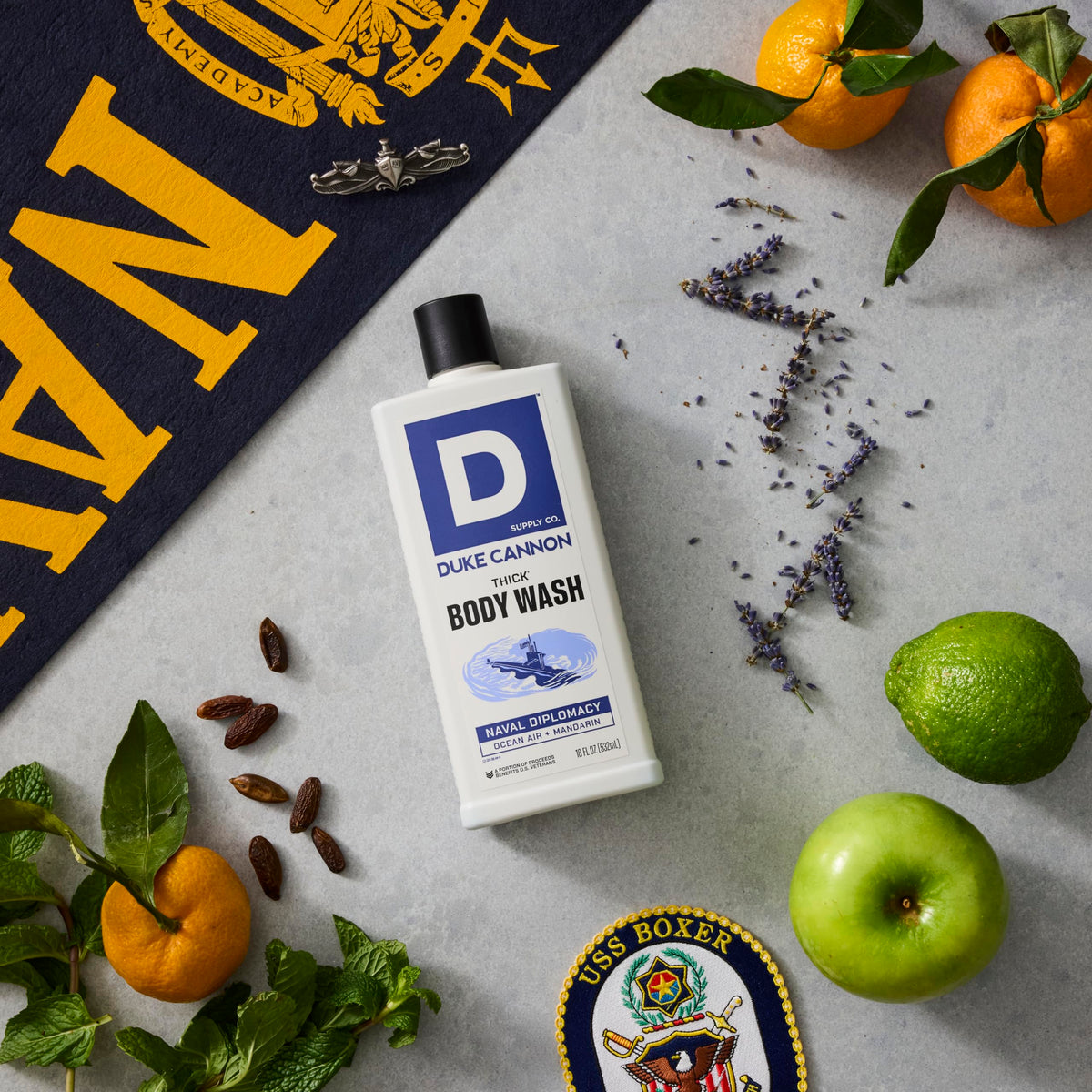 Duke Cannon body wash bottle with label details