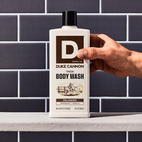 Duke Cannon body wash packaging with Palomino scent label
