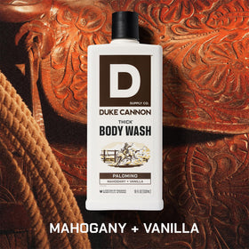 Duke Cannon body wash showing thick lather in shower
