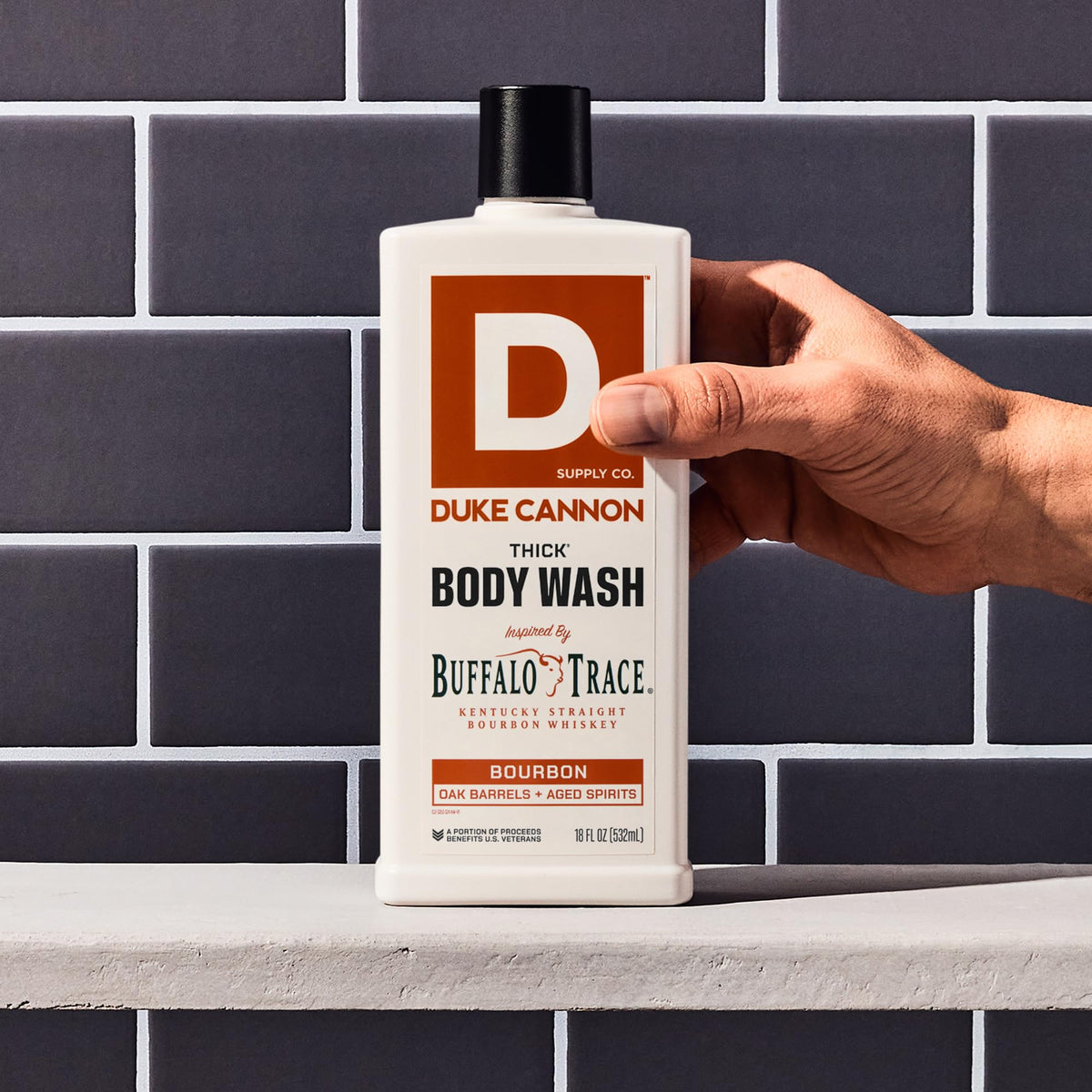 Duke Cannon Bourbon THICK Body Wash 18oz with oak barrel background