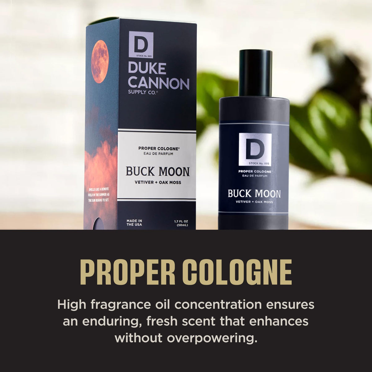 Duke Cannon Buck Moon Proper Cologne bottle on wooden surface