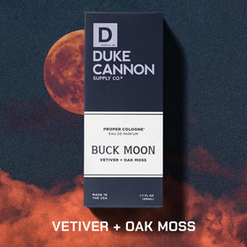 Duke Cannon Buck Moon Proper Cologne glass bottle side view