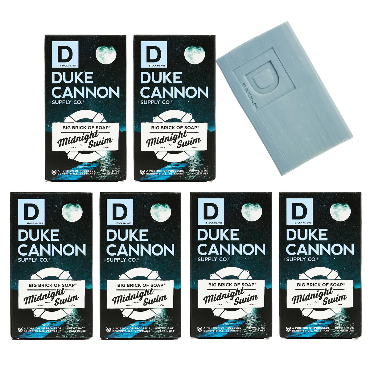 Duke Cannon Midnight Swim soap bar front view with aquatic scent packaging