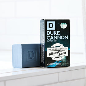 Duke Cannon Midnight Swim soap bar lifestyle scene in a bathroom