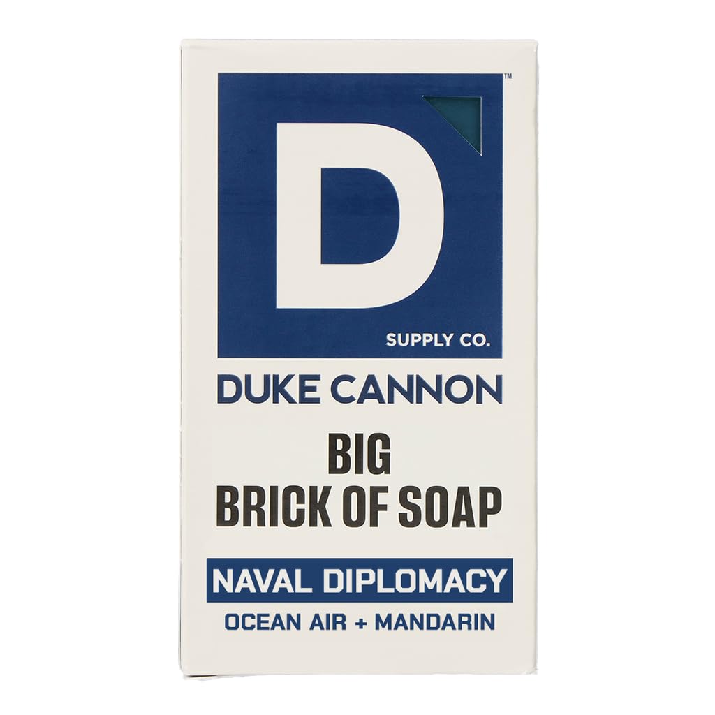 Duke Cannon Naval Diplomacy Big Brick of Soap front view with ocean air and mandarin scent