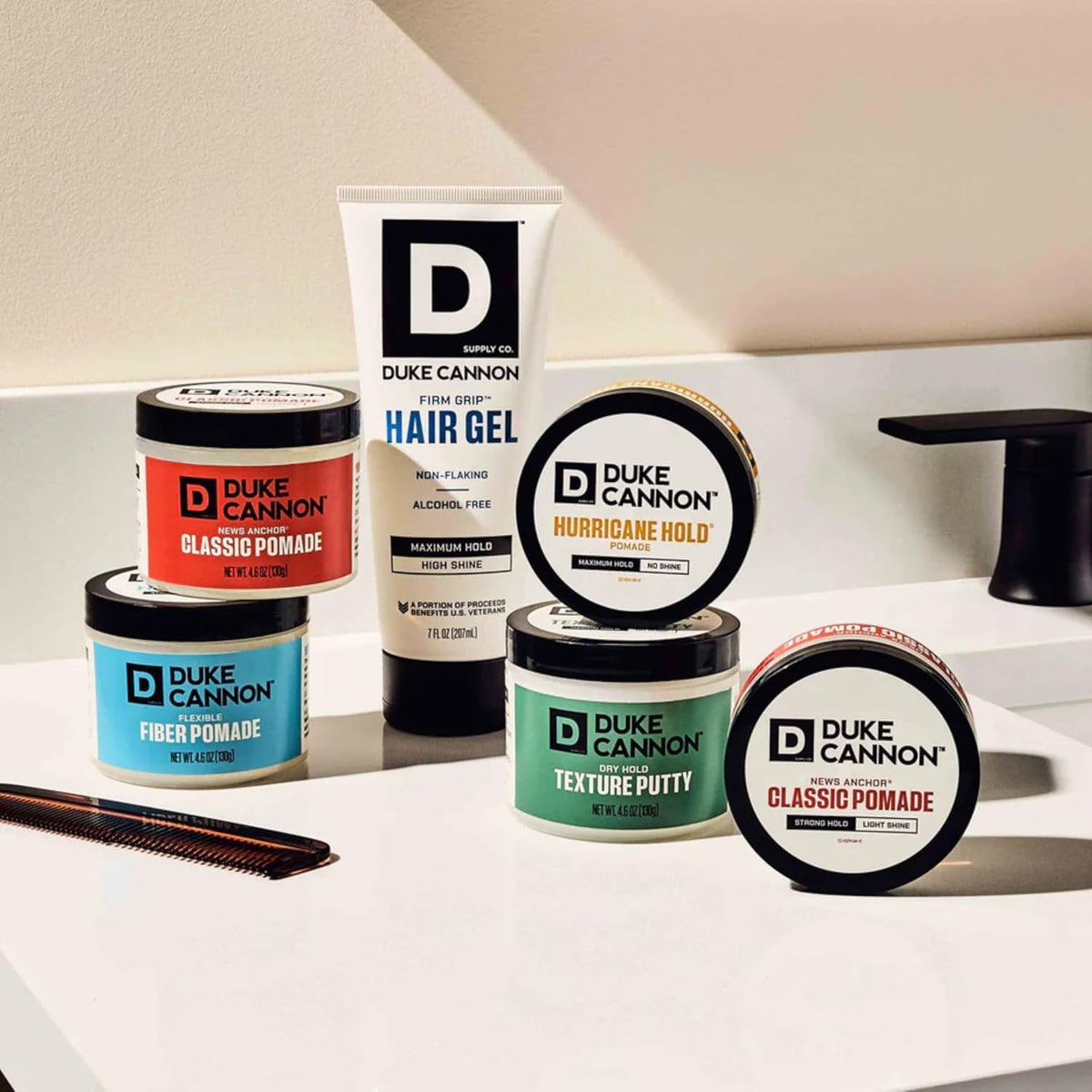 Duke Cannon pomade with styling tools