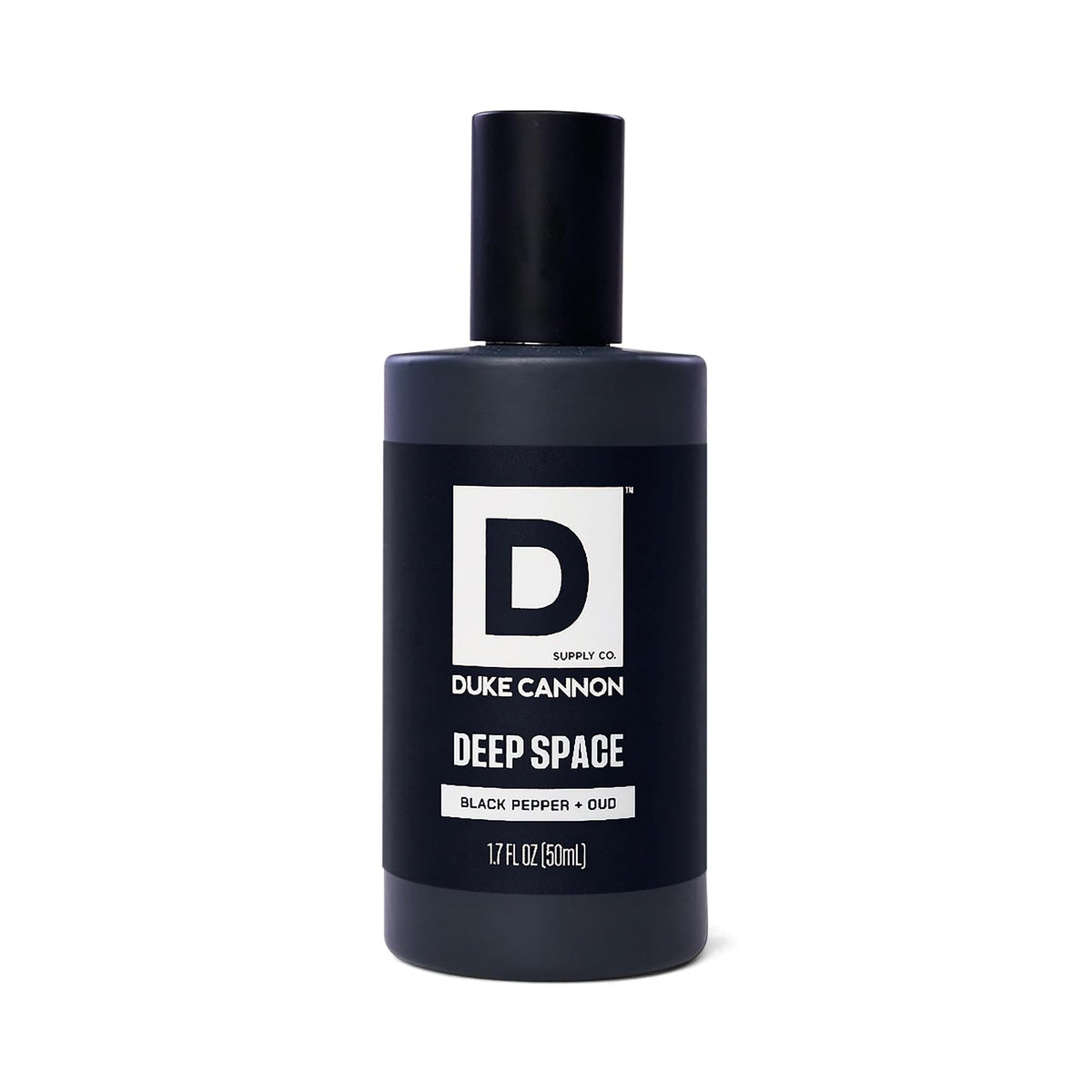 Duke Cannon Proper Cologne Deep Space bottle against a dark background