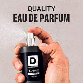 Duke Cannon Proper Cologne Deep Space bottle with grooming products