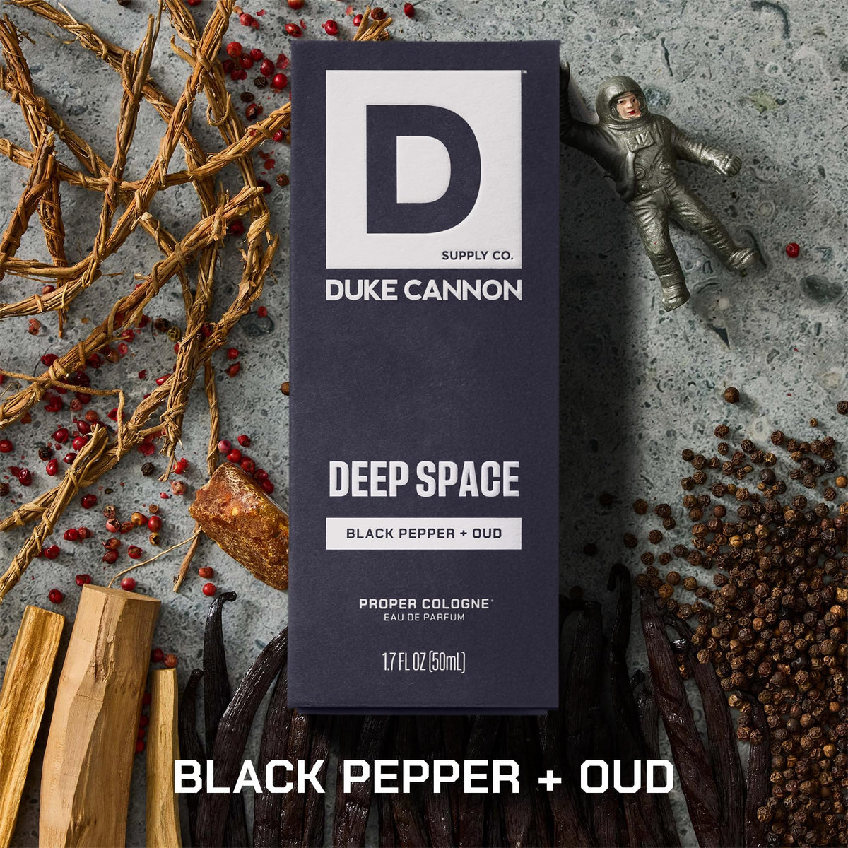 Duke Cannon Proper Cologne Deep Space glass bottle side view