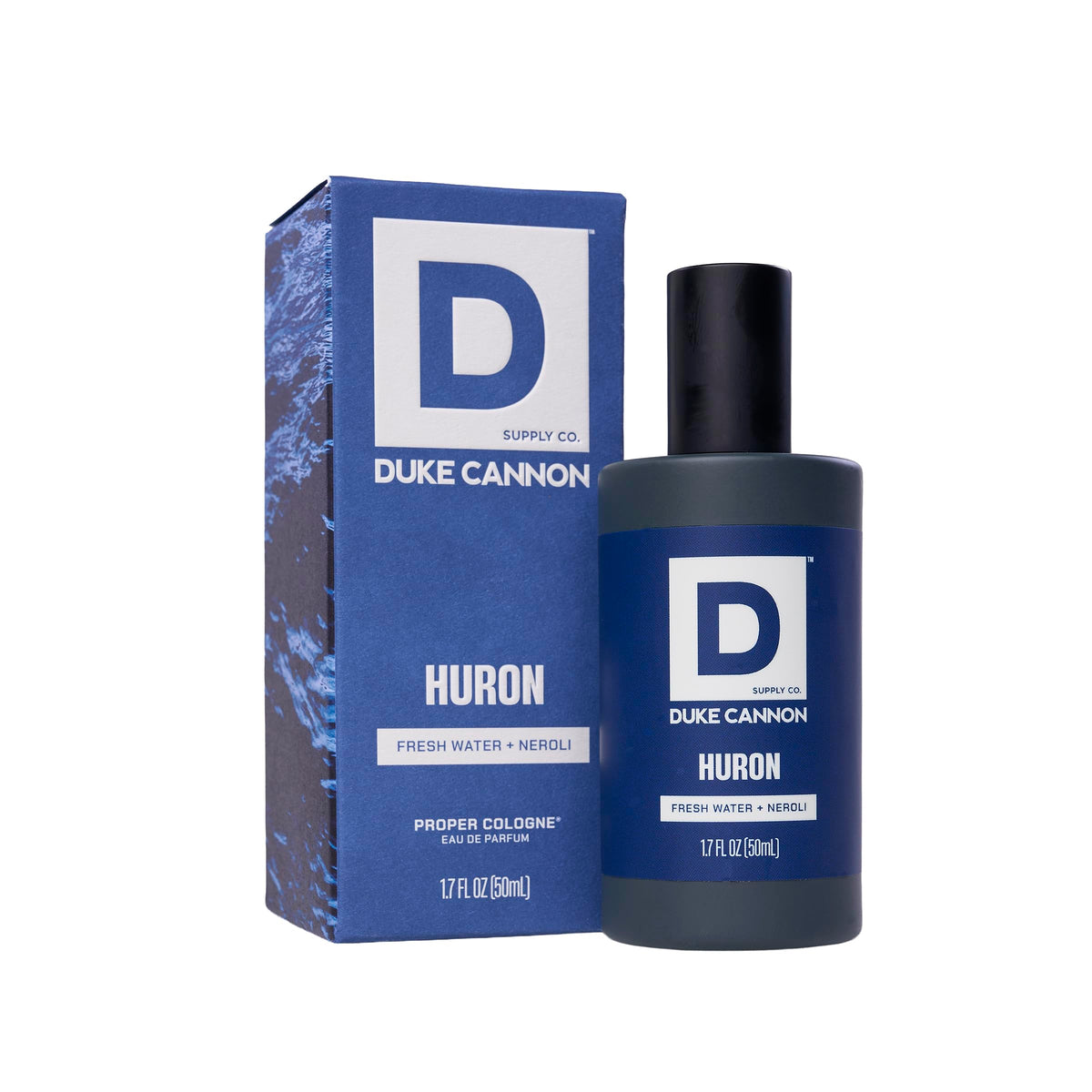 Duke Cannon Proper Cologne Huron front view with sleek glass bottle