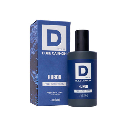 Duke Cannon Proper Cologne Huron front view with sleek glass bottle