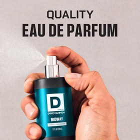 Duke Cannon Proper Cologne Midway bottle on wooden surface