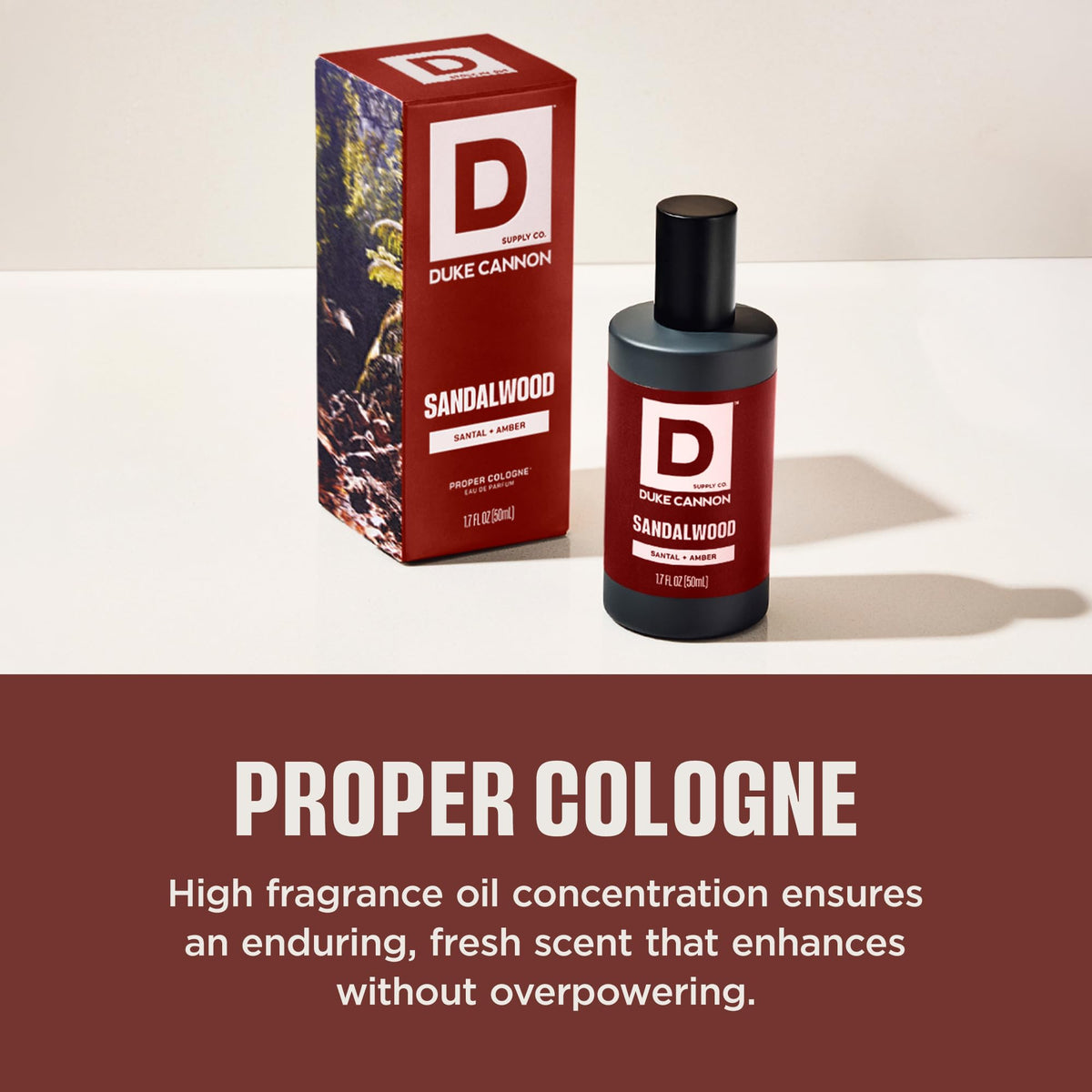 Duke Cannon Proper Cologne Sandalwood 1.7 fl oz bottle close-up