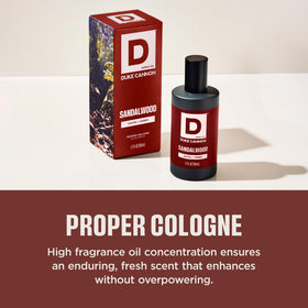 Duke Cannon Proper Cologne Sandalwood 1.7 fl oz bottle close-up