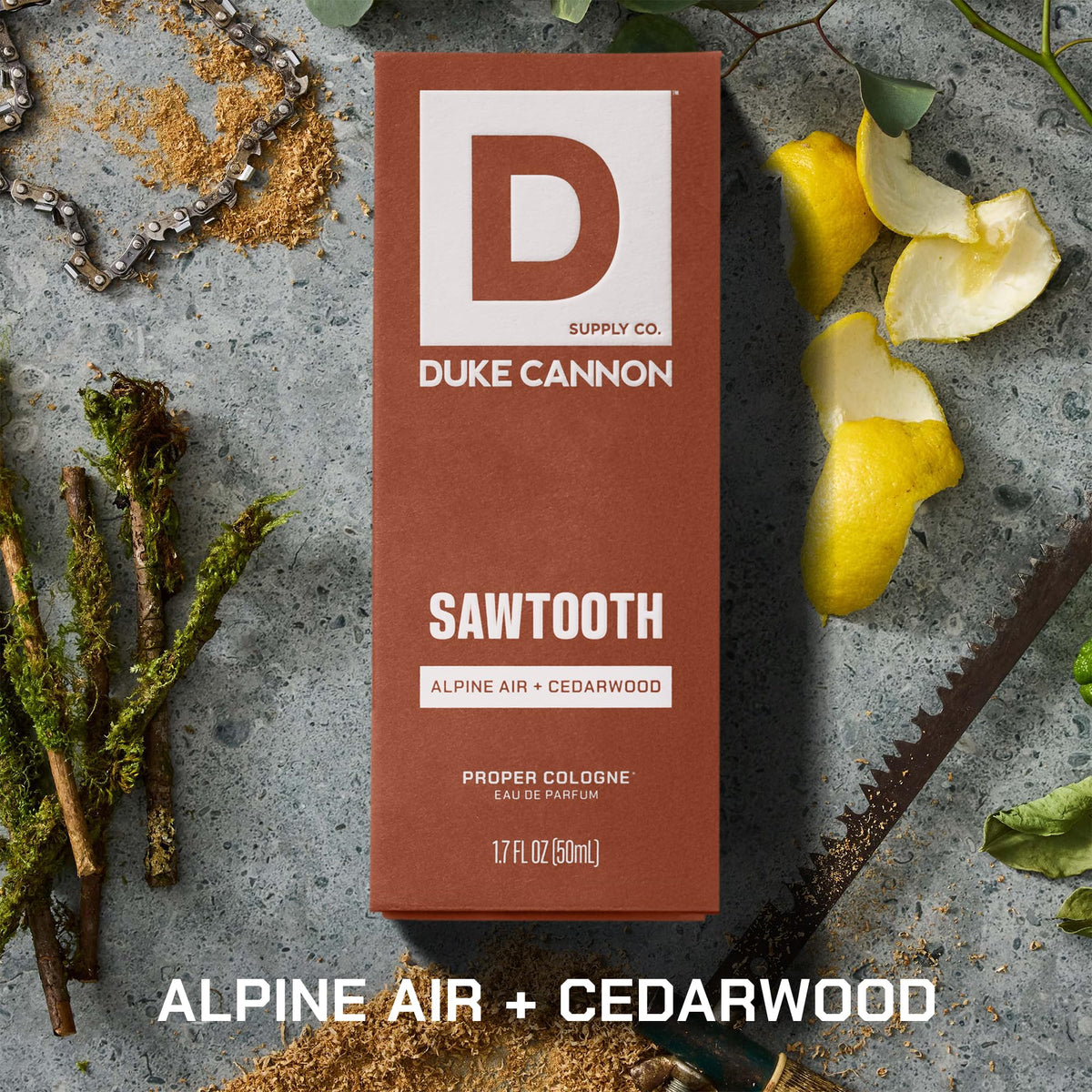 Duke Cannon Proper Cologne Sawtooth apothecary-style glass bottle