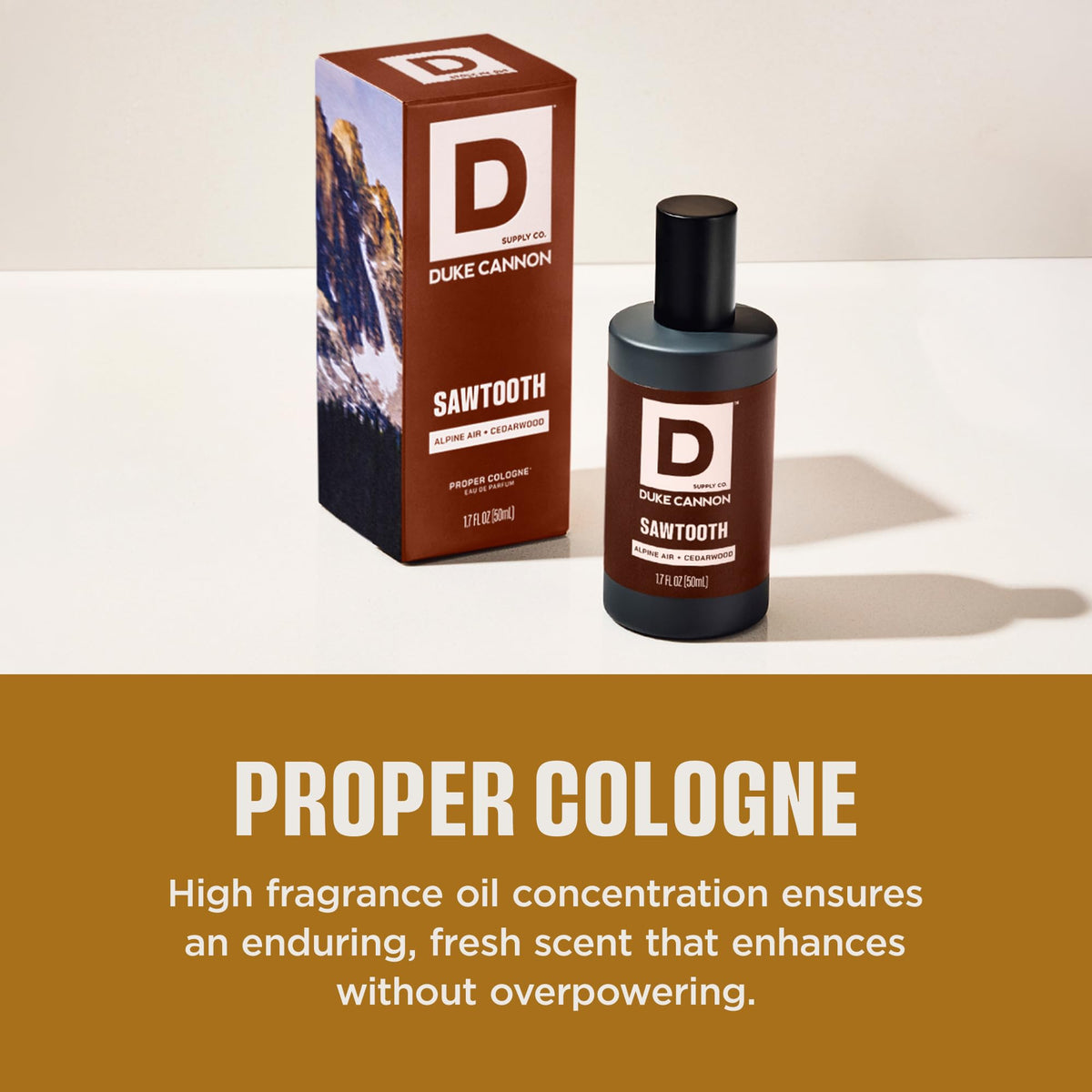 Duke Cannon Proper Cologne Sawtooth bottle with cedarwood and alpine air theme