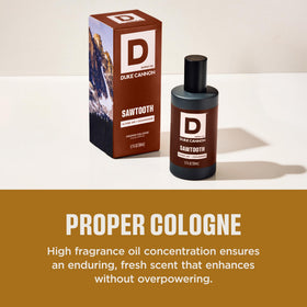 Duke Cannon Proper Cologne Sawtooth bottle with cedarwood and alpine air theme