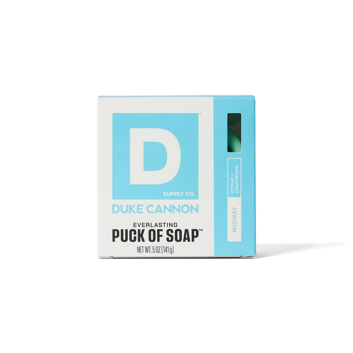 Duke Cannon soap puck in a bathroom setting