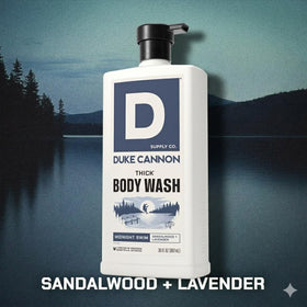 Duke Cannon THICK Body Wash Midnight Swim 30 fl oz with shower accessories