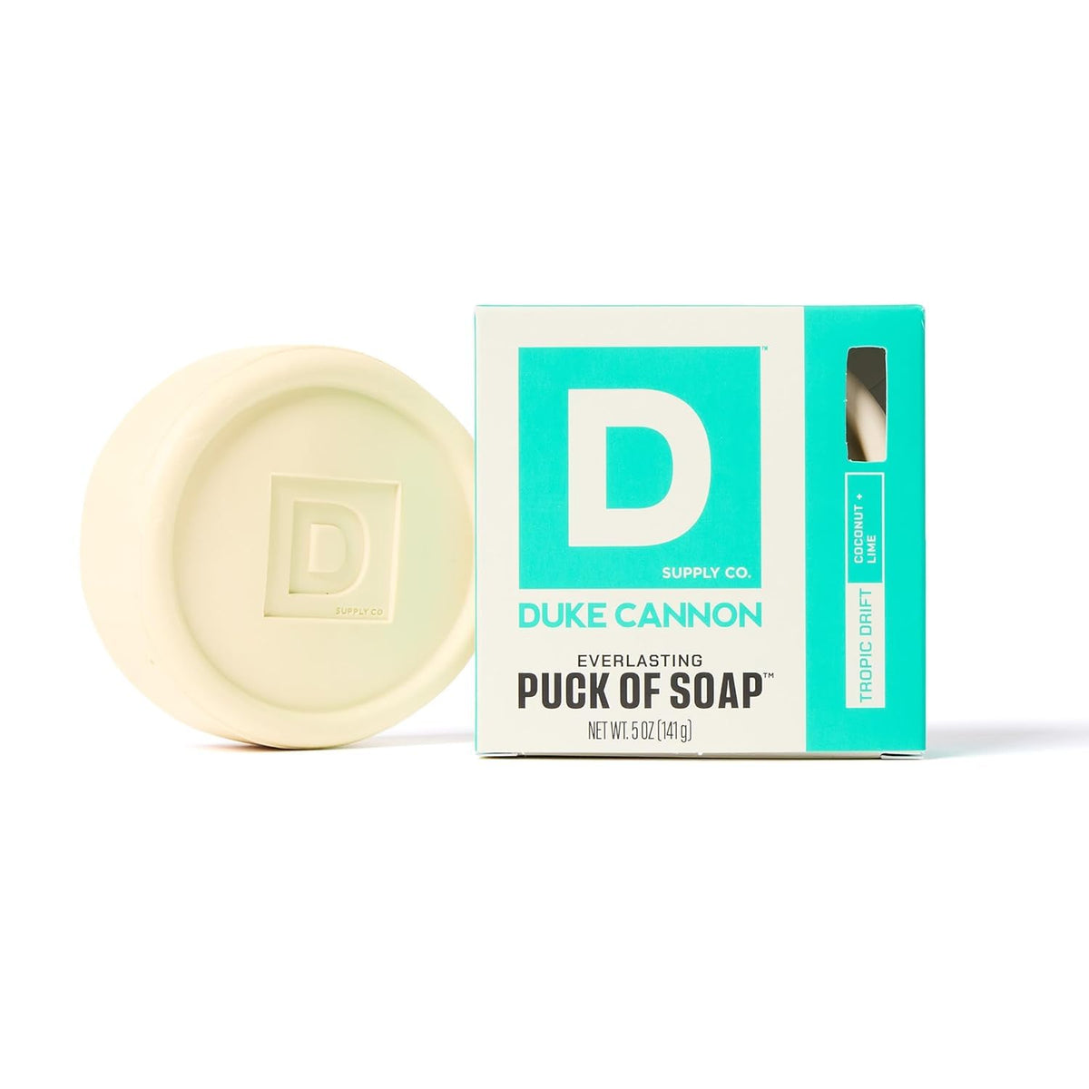 Duke Cannon Tropic Drift Men's Soap Puck front view with packaging