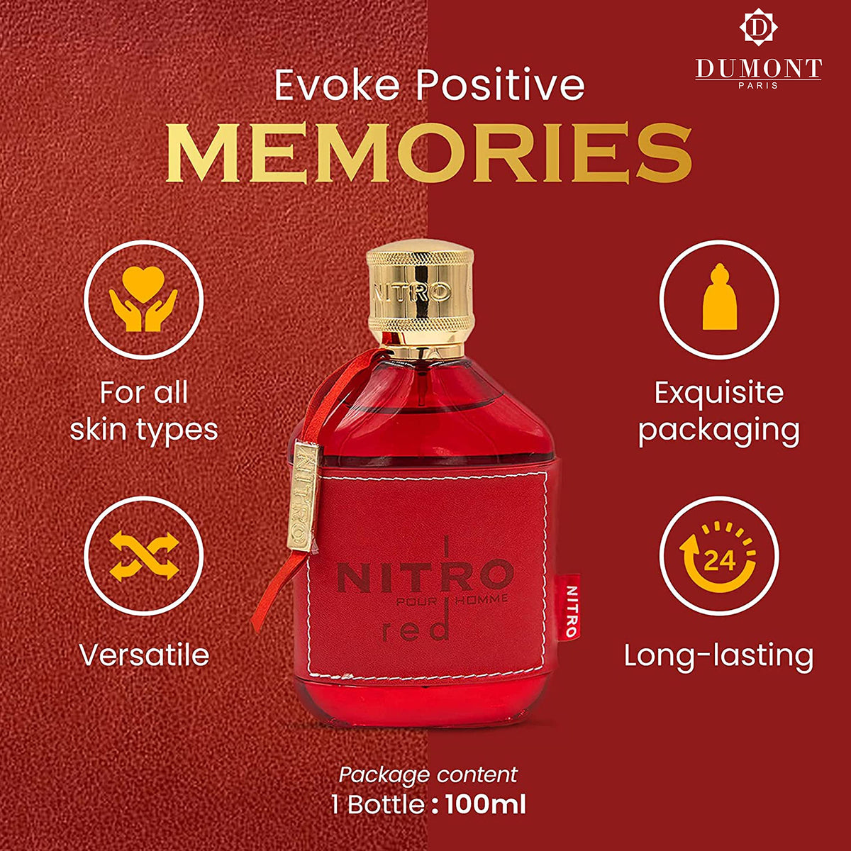 Dumont Nitro Red Eau De Parfum 100ml bottle with cap removed