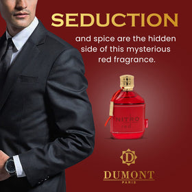 Dumont Nitro Red Eau De Parfum 100ml in lifestyle setting on a dresser