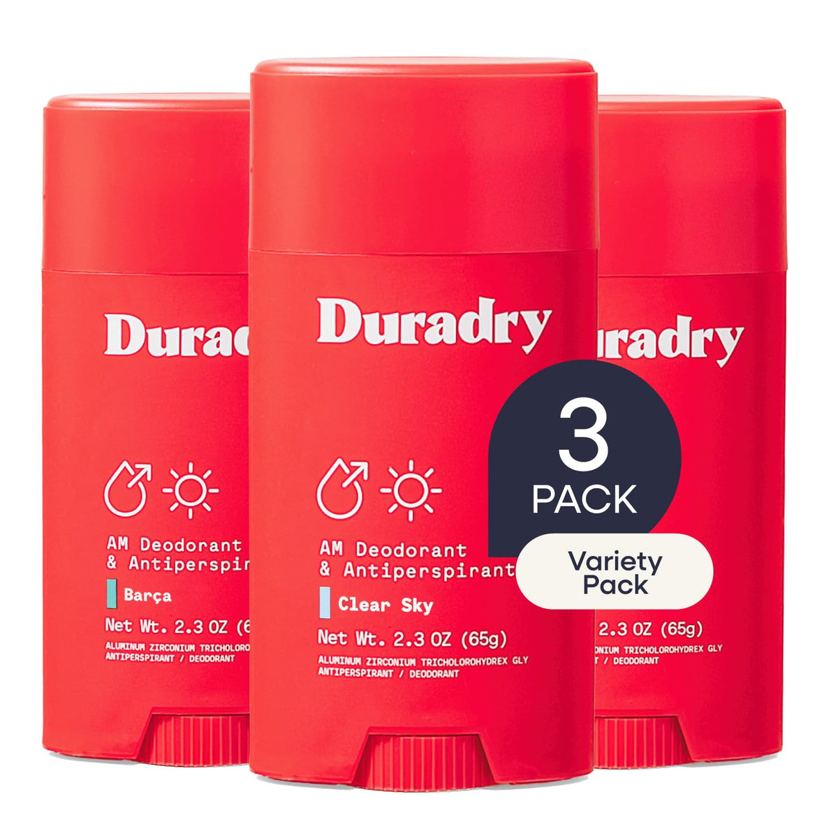 Duradry Clinical Antiperspirant Stick Trio packaging showing three scents