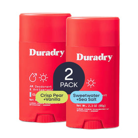 Duradry Clinical Sweat Control Stick Duo front view with Clear Sky and Barça scents