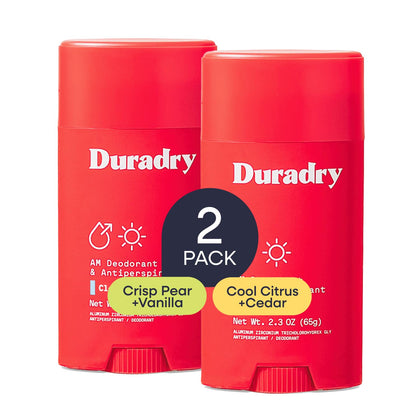 Duradry Clinical Sweat Control Stick Duo front view with Clear Sky and Limitless scents