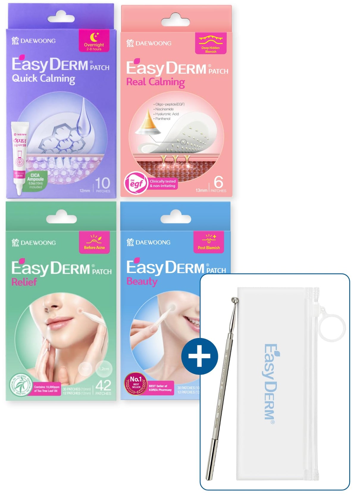 DWEasyDerm Pimple Patch Gift Set front view with patches and extractor