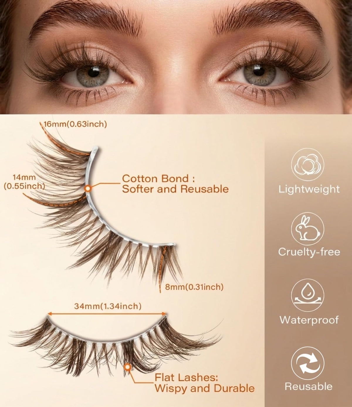 DYSILK Naked Brown Strip Lashes showing graduated length