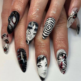 DZPGUONIZ 24pcs Almond Press On Nails Gothic Anime Design front view