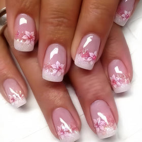 DZPGUONIZ 24Pcs short square press on nails pink with flowers front view