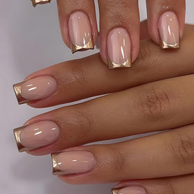 DZPGUONIZ Gold French Tip Press-on Nails set front view with packaging