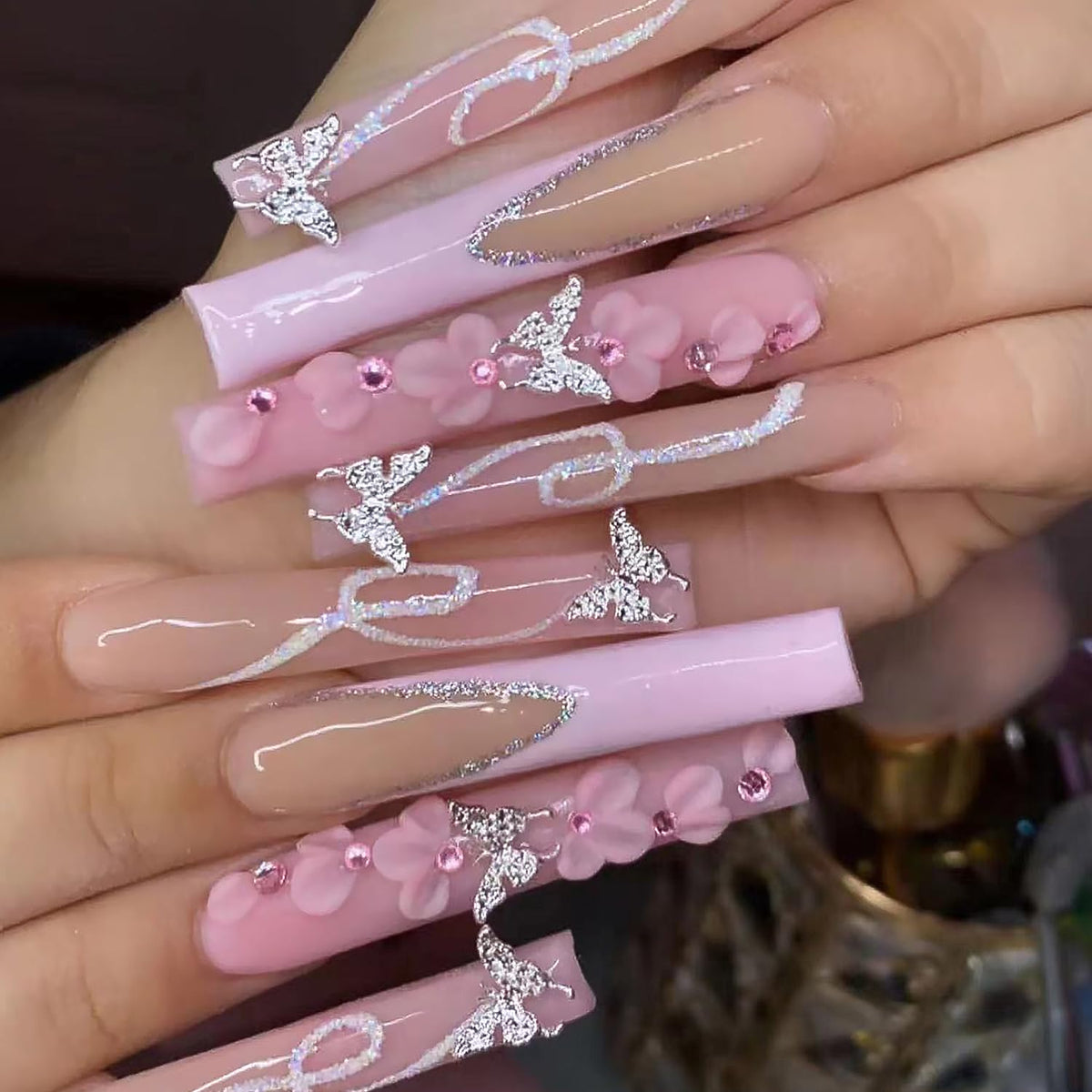 DZPGUONIZ Long Square Press on Nails pink French tip with rhinestones