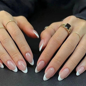 DZPGUONIZ Press On Nails Kit 24pcs medium almond glossy nude pink front view