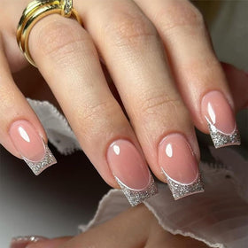 DZPGUONIZ Silver French Tip Press On Nails set with 24 pieces