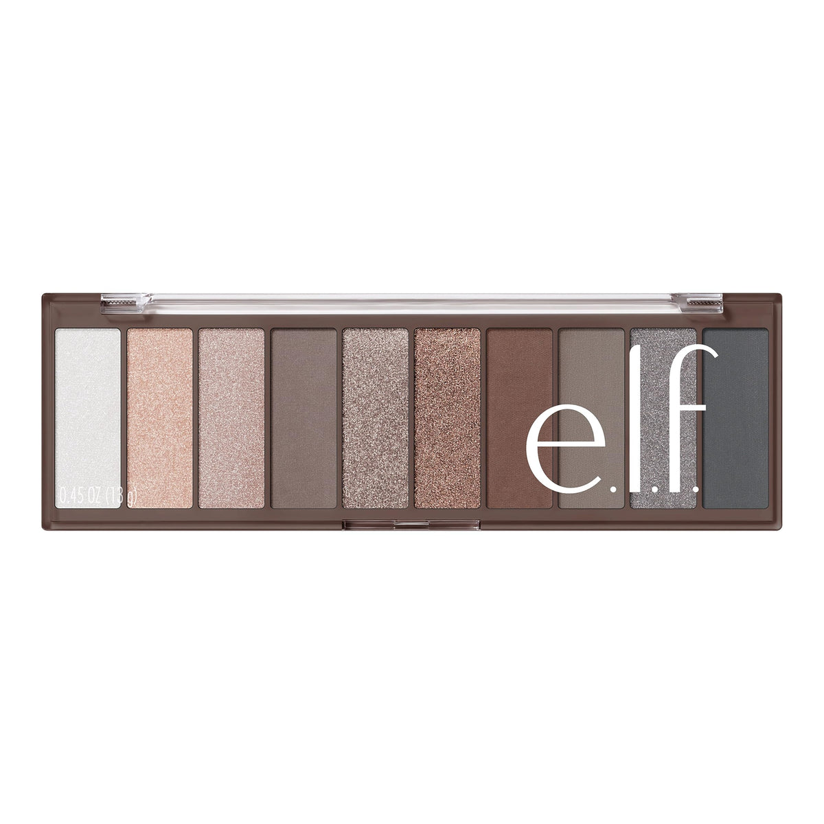 e.l.f. Perfect 10 Eyeshadow Palette with brush on a makeup table