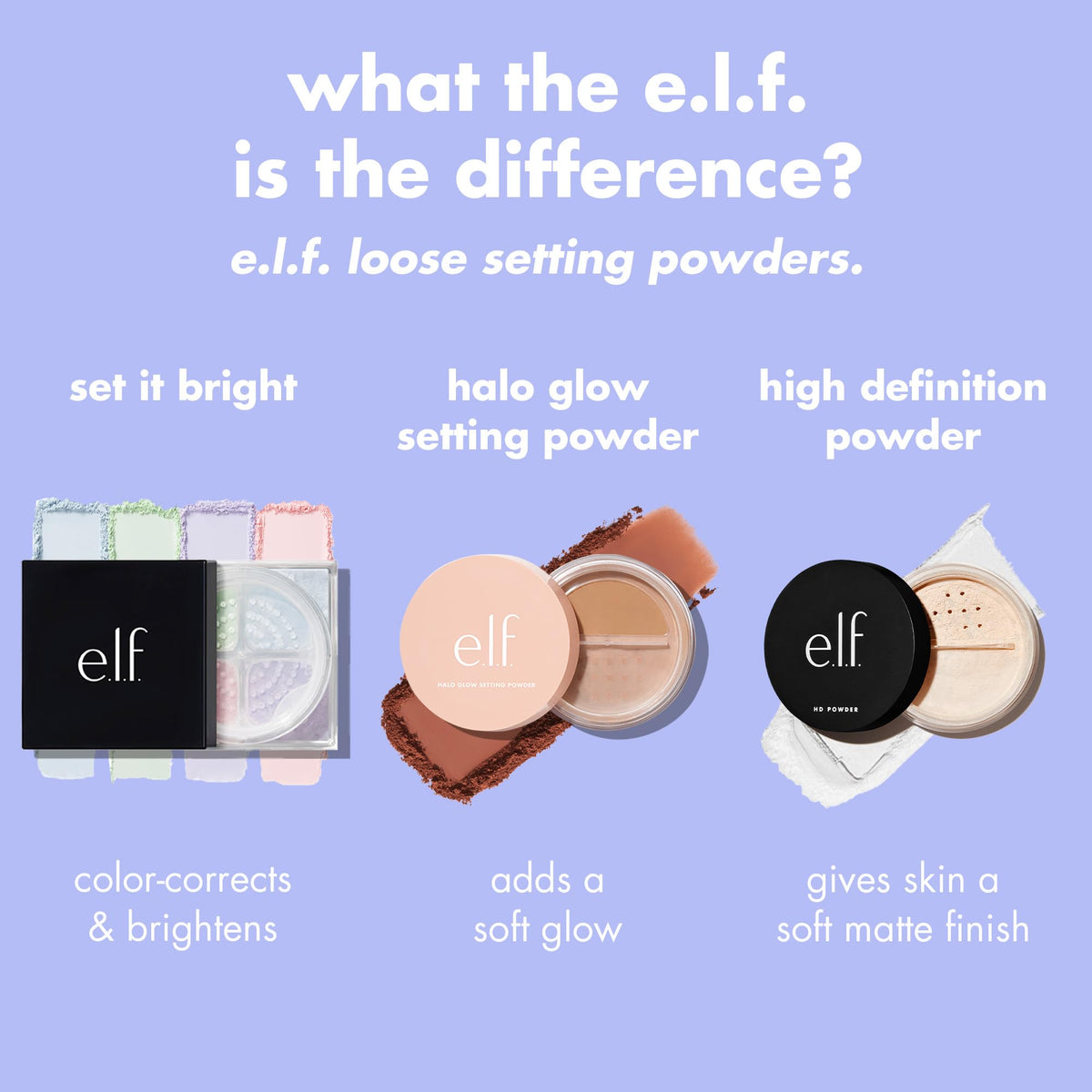e.l.f. Set it Bright Powder Quad displayed on vanity