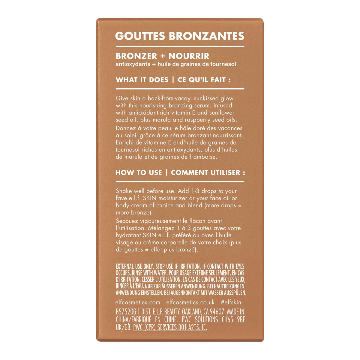 e.l.f. SKIN Bronzing Drops Pure Gold with ingredients list