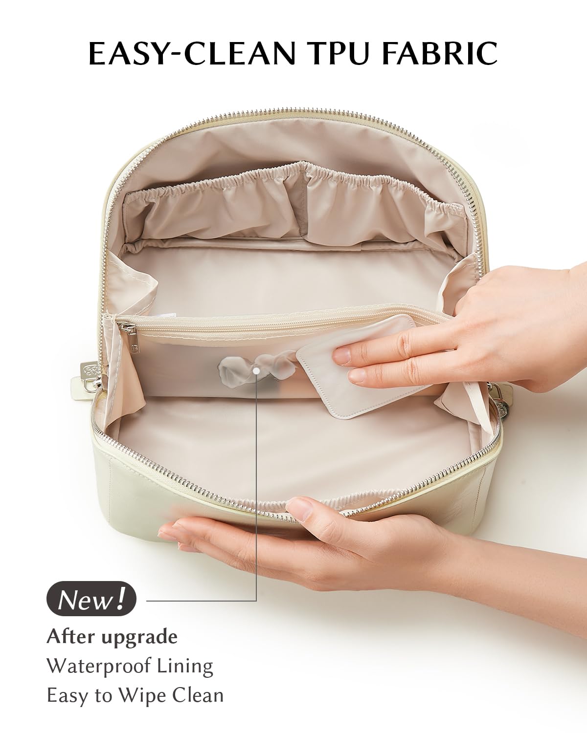 EACHY Large Capacity Travel Makeup Bag open view displaying cosmetics