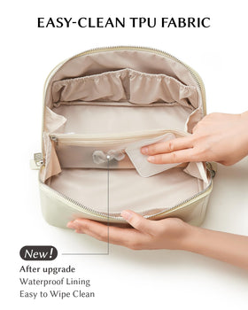 EACHY Large Capacity Travel Makeup Bag open view displaying cosmetics