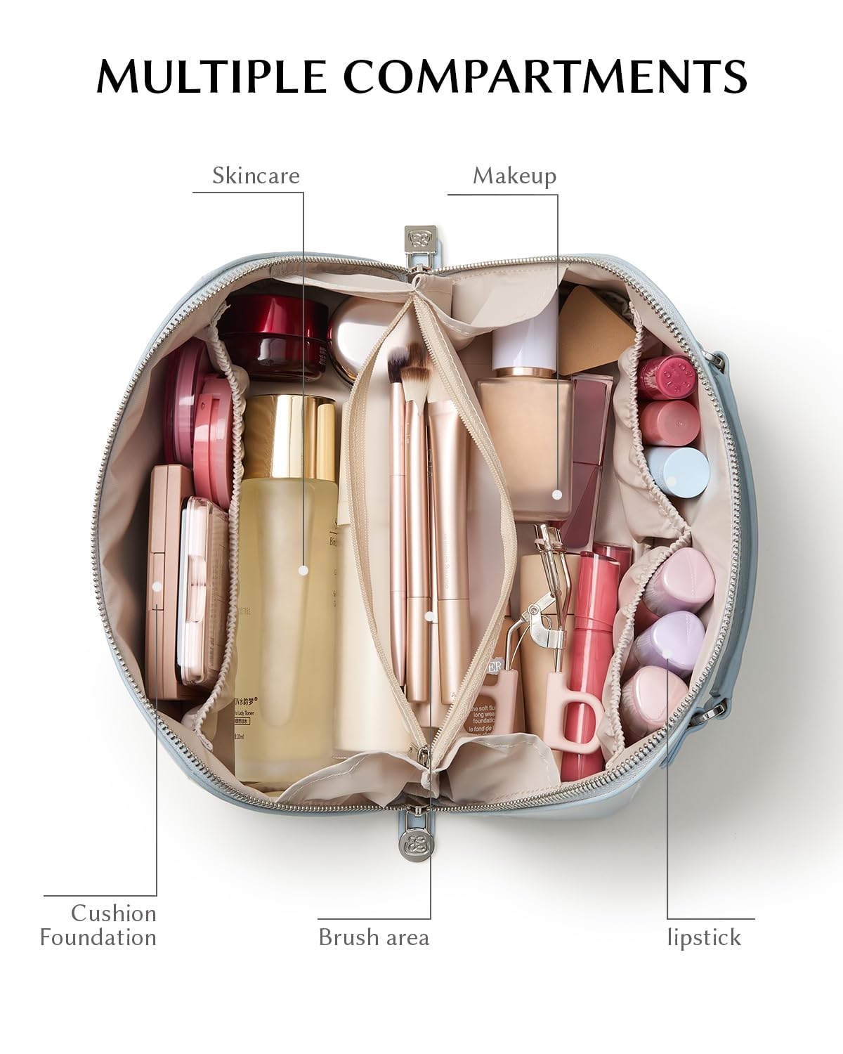 EACHY makeup bag open showing organised compartments
