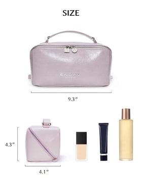 EACHY makeup bag styled with cosmetics and toiletries